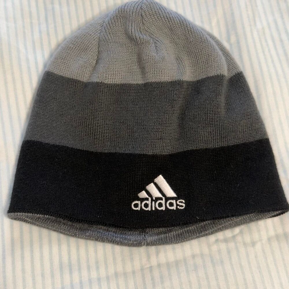 Adidas gray and black striped beanie #winteraccessories #athletic